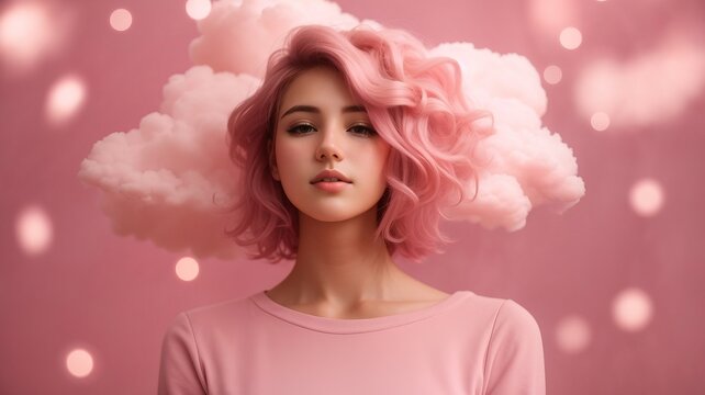 Western woman with her head in pink cloud on a pastel background