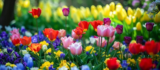 Vibrant and Colorful Tulips Wallpaper Background with Beautiful Spring Flowers Blooming in Full Bloom