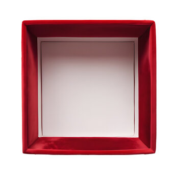 Red velvet gift box, empty. Red box for jewelry. Top view. AI image.