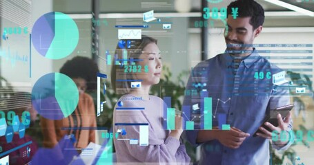 Animation of charts processing data over happy diverse colleagues with tablet at casual office - Powered by Adobe