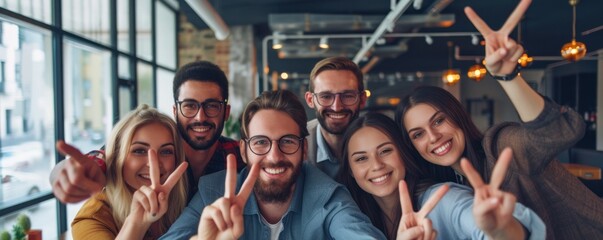 Group of friends have a fun and show peace sign