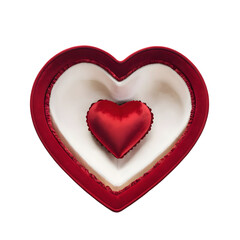 Gift box in the shape of a heart. Red velvet box for jewelry, wedding ring. Top view. AI image.