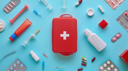 Flat lay composition with first aid kit on color background Flat lay composition with first aid kit on color background