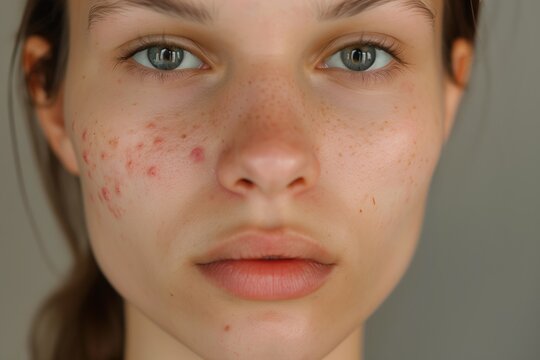Young woman with acne inflammation on face over grey background