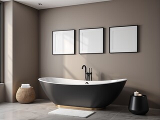 Fototapeta na wymiar Mockup poster frame on modern minimalist bathroom wall, interior mockup with house background 