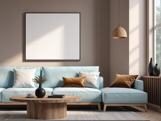 Mockup poster frame on the wall of modern living room, interior mockup design