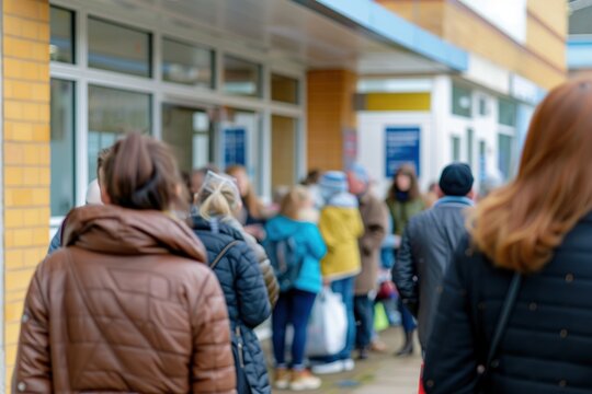 Blurred image of a diverse group of people queuing outside a medical facility. Hospital queue