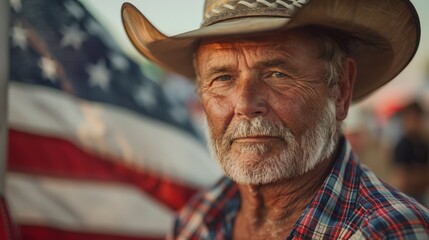 Old Man in Cowboy Hat and American Flag - obrazy, fototapety, plakaty