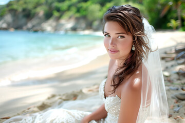 photo d'une jolie femme brune souriante au bord de la mer dans le sable robe de mariée belle beauté élégance mode été nature
