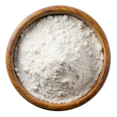 Fototapeta na wymiar White wheat flour in wooden bowl isolated on transparent background.