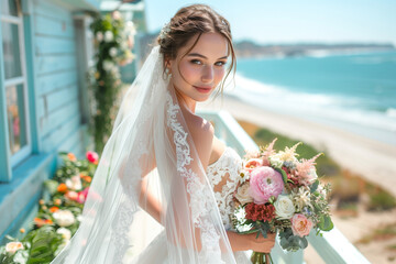 photo belle femme brune devant la plage océan robe de mariée mariage bouquet de fleurs beauté jolie magnifique paysage nature