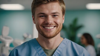 Portrait of a western man dental student in hospital wearing scrub - obrazy, fototapety, plakaty