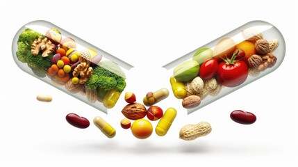 Nutritional supplements and vitamin supplements a capsules with fruit vegetables nuts and beans inside a nutrient pill, Medicine health concept. isolated on a white background