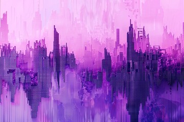 mesmerizing realm of purple digital pixelation, a cutting-edge technological texture background intertwining dynamic pixel patterns, evoking a futuristic aesthetic with a distant cityscape background - obrazy, fototapety, plakaty