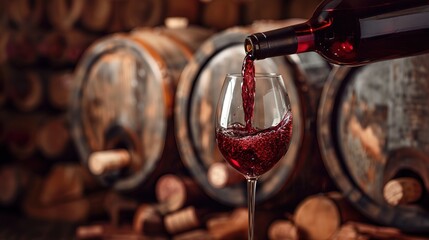 red wine pouring from bottle into glass with old wooden barrel as background at the winery - obrazy, fototapety, plakaty