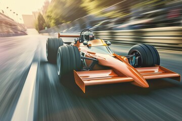 Naklejka premium Witness the intensity of a race car in motion, as it zooms along the track, ready to be featured in a high-octane poster design that encapsulates the essence of speed and motion