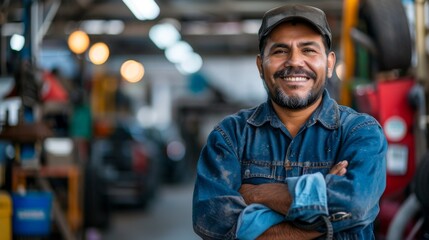 Smiling Mechanic in Multi-Cultural Auto Shop - obrazy, fototapety, plakaty