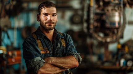 Male Mechanic Poses in Workshop in the Style of Dramatic Portraits
