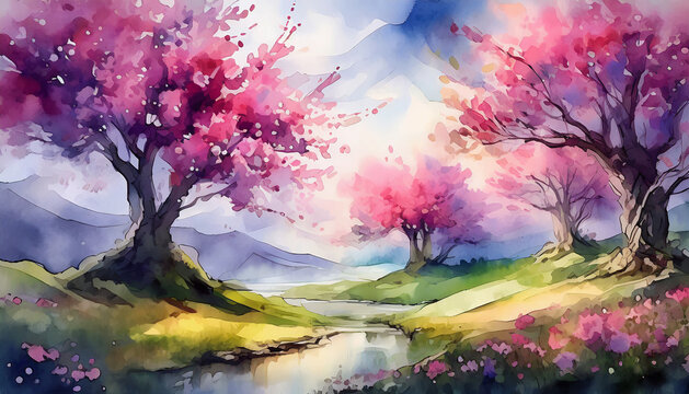 Abstract watercolor painting of scenery with pink blooming trees and river. Natural spring landscape.