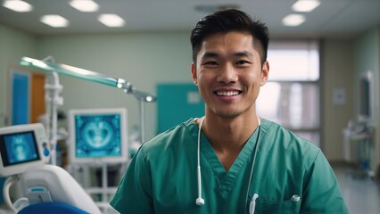 Portrait of a asian man dental student in hospital wearing scrub - obrazy, fototapety, plakaty
