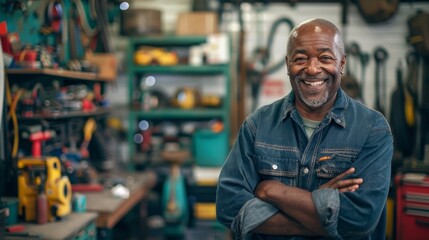 Smiling Black Mechanic: Portrait of Joy and Mastery in Workshop, Socially Engaged Grandparentcore Senior Mechanic's Workshop Pride