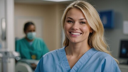 Portrait of a blonde woman dental student in hospital wearing scrub - obrazy, fototapety, plakaty