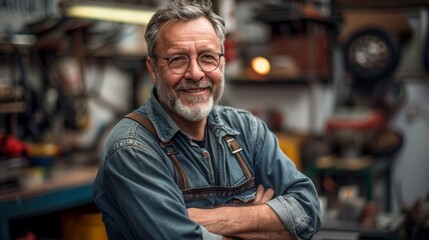 Smiling Elder Mechanic: Joyful Workshop Portrait of Skilled Expertise, Skilled and Happy Elder Mechanic's Joyful Smile in Garage Workshop