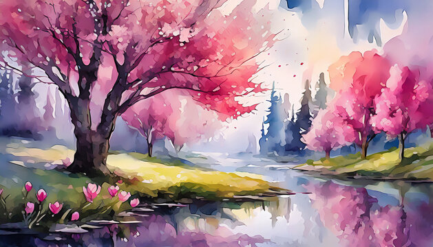 Abstract watercolor painting of scenery with pink blooming trees and river. Natural spring landscape.