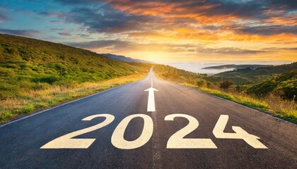 New year 2024 Text 2024 written on the road in the middle of asphalt road.