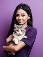 Woman hugging her cat in front of purple background