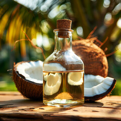 Tropical coconut oil bottle with halved coconut on a wooden surface against lush palm background. Coconut oil and halves, tropical palm setting