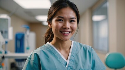 Portrait of a asian woman dental student in hospital wearing scrub