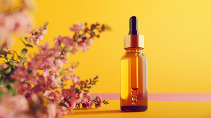Essential Oil Dropper Bottle with Pink Blossoms on Vibrant Yellow Background