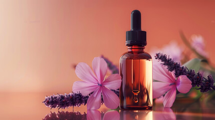 Essential Oil Dropper with Lavender and Geranium on a Warm Gradient Background