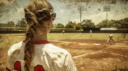 Closeup photo of a softball players back looking towards the field with at game time Wide angle.