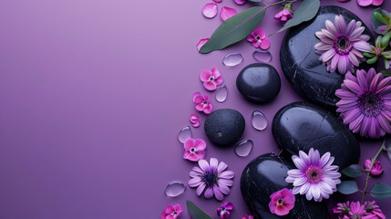 Spa Concept with Zen Stones, Pink Flowers, and Water Droplets on Purple Background