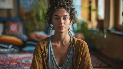 Spiritual Wellness: Young Woman Finding Solitude and Peace in Meditation, Empowering Self-Care Contemporary Meditation and Minimalistic Fashion