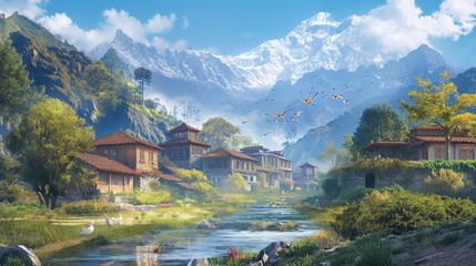 Fototapeta na wymiar Revel in the serenity of streams winding through picturesque mountain villages, their beauty enhanced by the graceful presence of birds soaring in the clear blue sky.