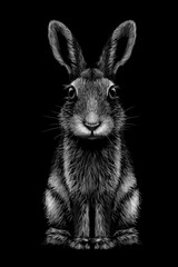 A graphic, monochrome portrait of a sitting rabbit in a sketch style on a black background. 