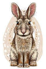 A graphic, color portrait of a sitting rabbit in watercolor style on a white background.