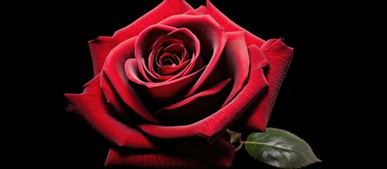 A striking close-up view of a single red rose set against a stark black background, highlighting the vivid color and intricate details of the bloom.