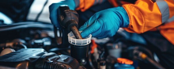 Car mechanic hands changing the fuel filter in garage - obrazy, fototapety, plakaty