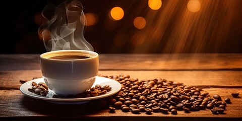 Classic steaming coffee cup surrounded by coffee beans on a rustic wooden table with warm lighting