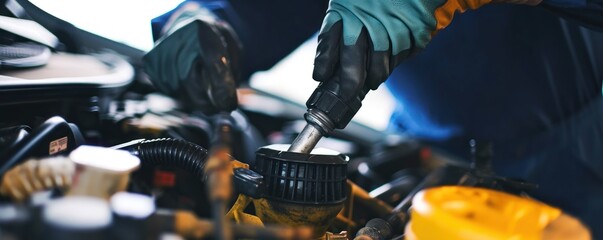 Car mechanic hands changing the fuel filter in garage - obrazy, fototapety, plakaty