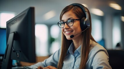 Female western customer support working on computer in office