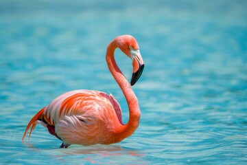 Fototapeta premium A flamingo in a shallow lagoon, its pink feathers a stark contrast against the blue water, gracefully foraging for food --style raw