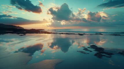 Rippling tide pools reflecting the mesmerizing hues of the midday sky on a tranquil beach. - obrazy, fototapety, plakaty