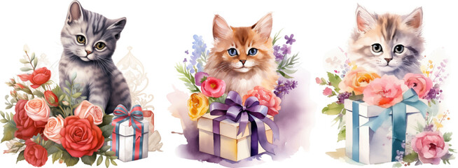 Watercolor cats clipart with gift and flowers
