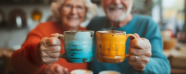 Elderly couple celebrates in their bright new home clinking coffee mugs together. Concept Happiness, Elderly, Couple, New Home, Coffee Mugs