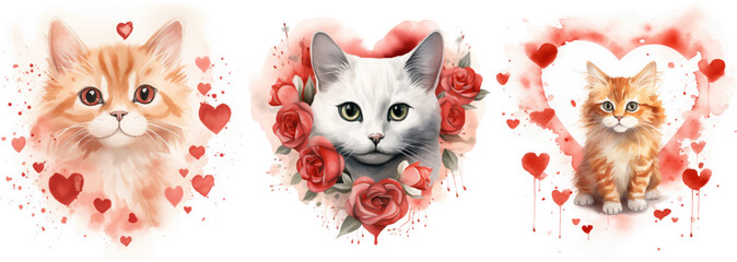 Watercolor cats clipart with hearts and flowers
